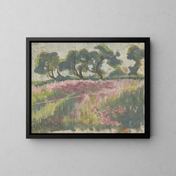 Prairie en fleurs avec des arbres - Frida Konstantin — inramlat konstverk på väggen