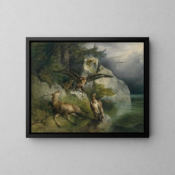 Aigle et cerf mourant - Friedrich August Matthias Gauermann — inramlat konstverk på väggen