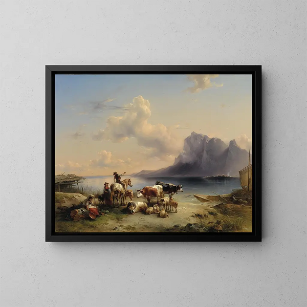 bergs och boskap vid stranden av Attersee - Friedrich August Matthias Gauermann — inramlat konstverk på väggen
