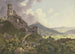 Les Ruines de Gleiberg et Vetzberg près de Gießen, à gauche les deux ruines de châteaux sur les montagnes, à droite une large vallée au premier plan, excursionnistes et bergers - Friedrich Christian Reinermann — vy av konstverket