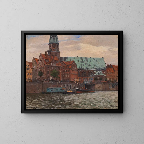 utsikten över kyrkan Saint-Catherine i Hamburg - Friedrich Kallmorgen — inramlat konstverk på väggen