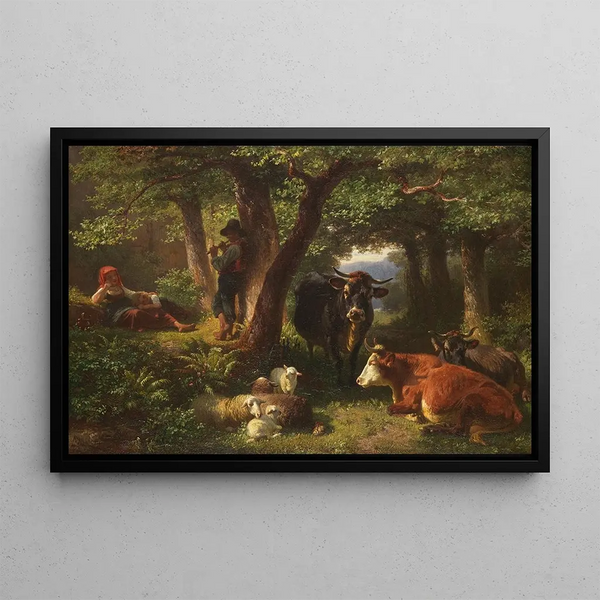 Friedrich Voltz - Hirtenkinder im Wald mit Khen und Schafen.webp
