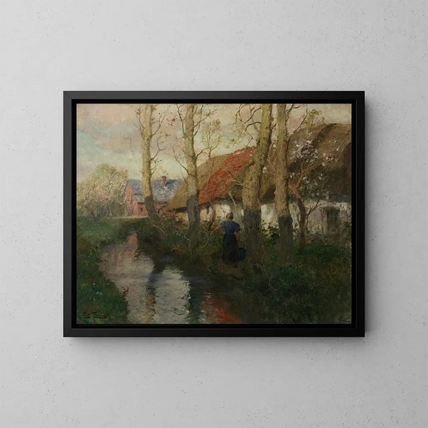 En flod i Normandie med en kvinna som bär vatten - Frits Thaulow — inramlat konstverk på väggen