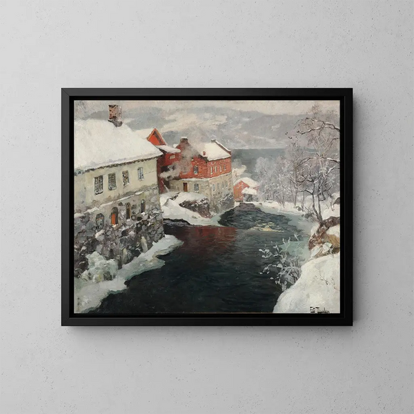 Fabriker i Norge, de två kvarnarna vid floden Mesma - Frits Thaulow — inramlat konstverk på väggen