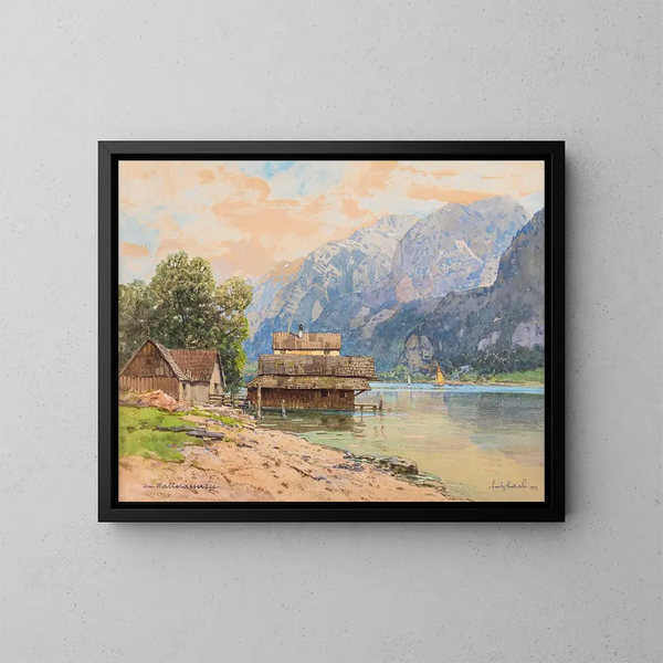 Båtar i Hallstatt - Fritz Lach — inramlat konstverk på väggen
