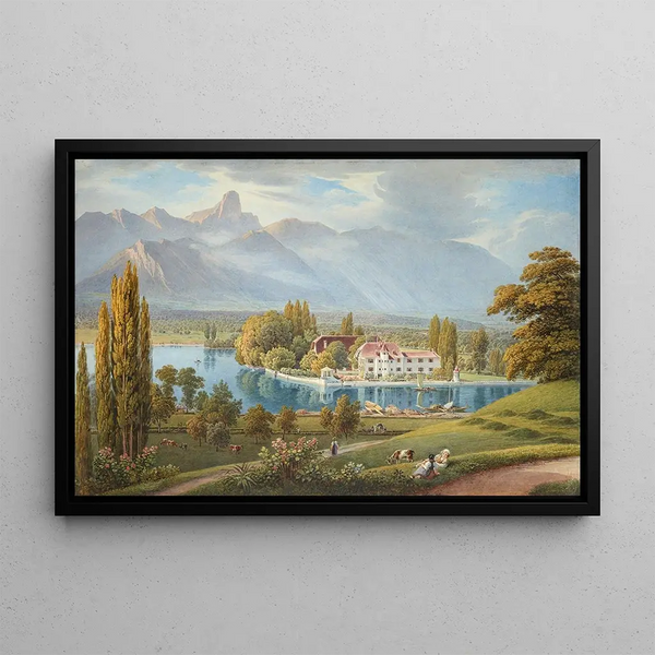 Vue de Schadau avec l'embouchure de l'Aar près de Thoune - Gabriel Lory le Jeune — inramlat konstverk på väggen