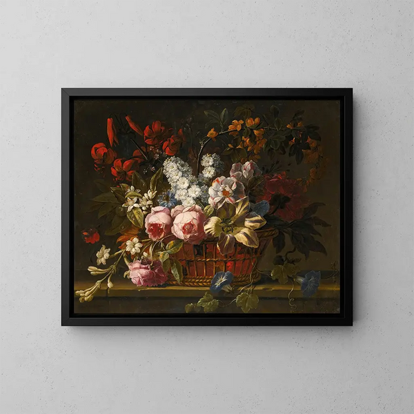 stillleben med rosor, tulpaner, jasmín och andra blommor fritt arrangerade i en korg på en stenbänk - Gaspar Peeter Verbruggen den äldre — inramlat konstverk på väggen