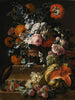 still life med rödblomma, nejlikor och olika blommor i en vas på en pied med en melon, körsbär, druvor och plommon på en kant - Gaspar Peeter Verbruggen den yngre — vy av konstverket