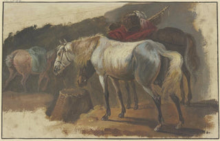 Georg Philipp Rugendas the Elder - Ein Schimmel und ein bepackter Brauner an einem Korb stehend im Hintergrund ein drittes Pferd mit blauer Decke.webp