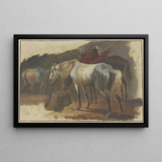 Georg Philipp Rugendas the Elder - Ein Schimmel und ein bepackter Brauner an einem Korb stehend im Hintergrund ein drittes Pferd mit blauer Decke.webp