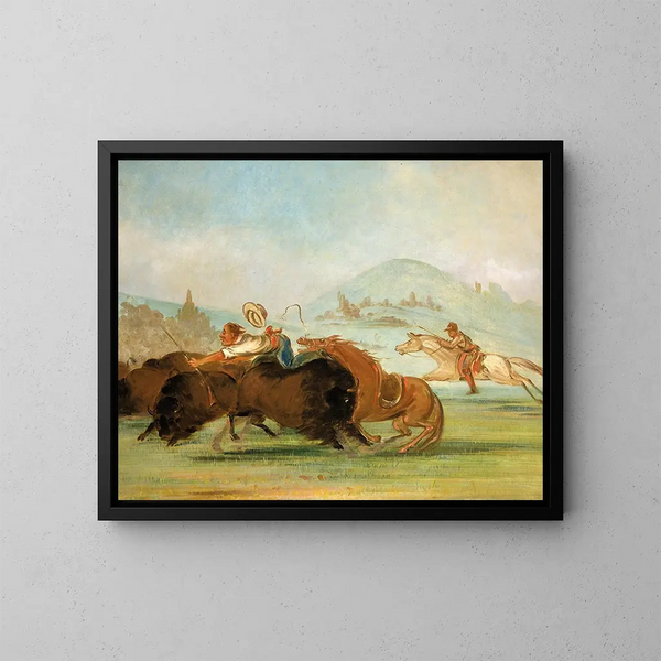 Baptiste och jag som springer vid buffelns mun i Yellowstone - George Catlin — inramlat konstverk på väggen