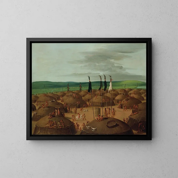 Flygbild av Mandan-by, 1800 miles ovanför Saint-Louis - George Catlin — inramlat konstverk på väggen