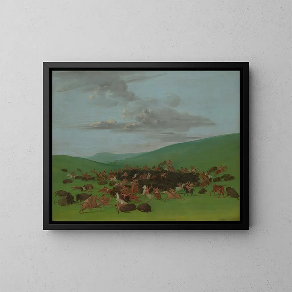 Jakt på bison omgiven av Hidatsa - George Catlin — inramlat konstverk på väggen