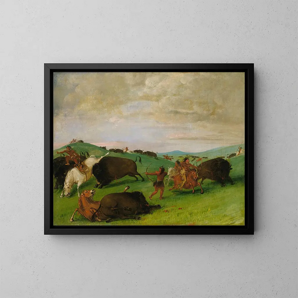 La chasse au buffle: les taureaux en lutte avec les hommes et les chevaux - George Catlin — inramlat konstverk på väggen