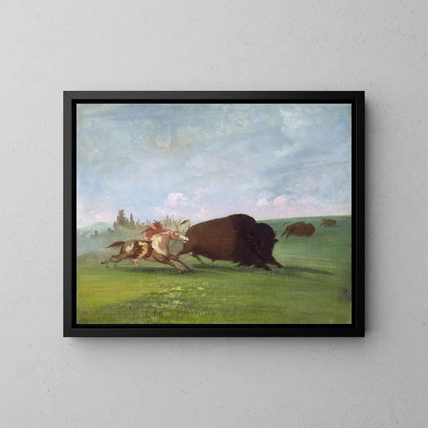 Jakt på buffeln, en enda död - George Catlin — inramlat konstverk på väggen