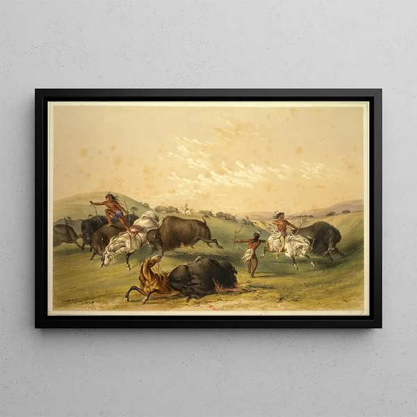 Jakt på bison, en stor grupp - George Catlin — inramlat konstverk på väggen