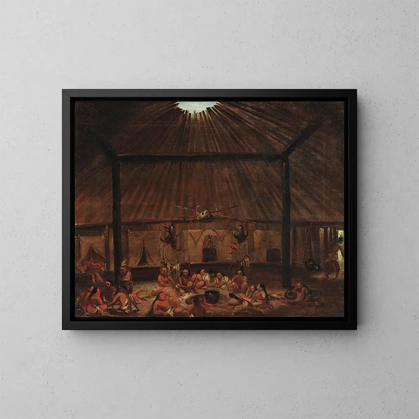 ett interiör av en mandan-paviljong - George Catlin — inramlat konstverk på väggen