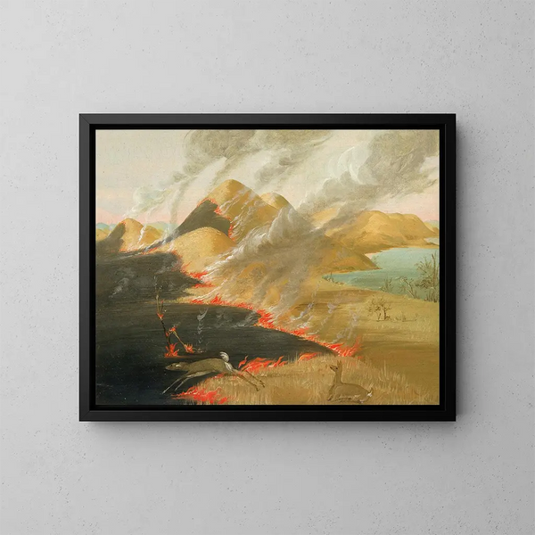 Bränning av prärjättar - George Catlin — inramlat konstverk på väggen