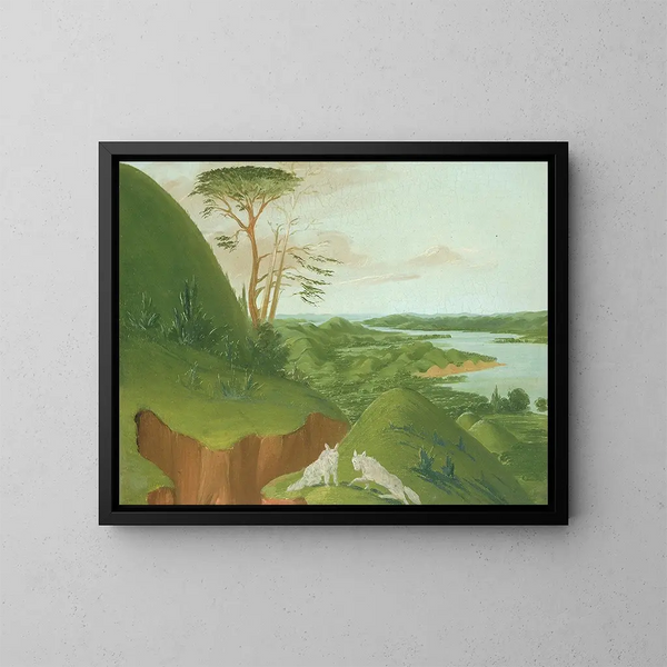 flodklippor med vita vargar i förgrunden, Haut-Missouri - George Catlin — inramlat konstverk på väggen