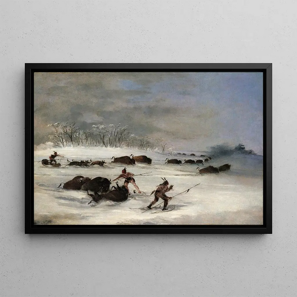 Indiska Sioux-målning på skidor som jagar bison - George Catlin — inramlat konstverk på väggen