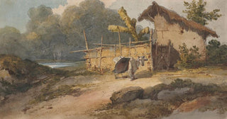 George Chinnery - A hut by a river with a cow Bengal.webp