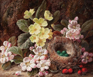 George Clare - Still Life with Apple Blossom Primroses and Birds Nest.webp