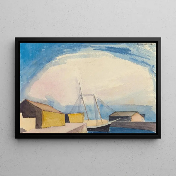 George Copeland Ault - Sailboat Lumber Schooner and Wharves.webp