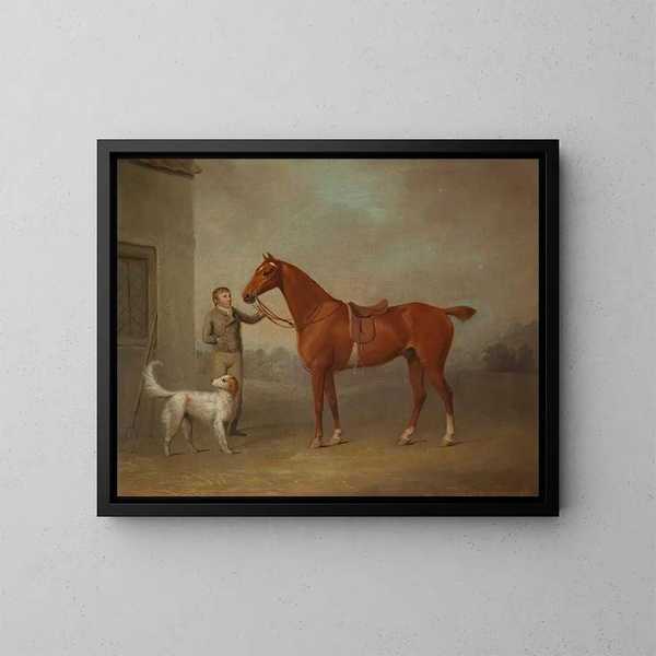 Le chasseur de marrons de M. Yarburgh, Robin des Bois, tenu par un palefrenier avec un chien dans un paysage - George Haigh — inramlat konstverk på väggen