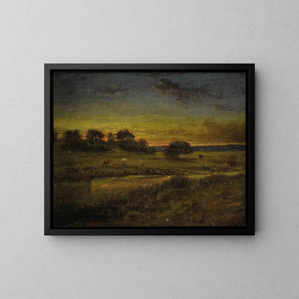 Betesmark vid gryningen - George Inness — inramlat konstverk på väggen