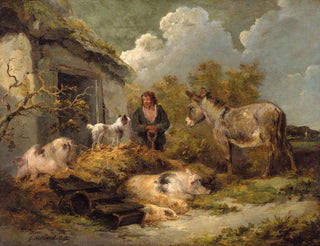 George Morland - A Farm Boy With a Donkey Pigs And a Sheep Dog.webp