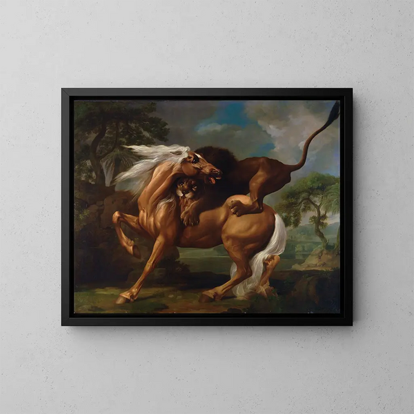 En lejon som attackerar en häst - George Stubbs — inramlat konstverk på väggen