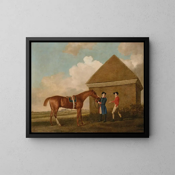Eklips i Newmarket med en hästskötare och en jockey - George Stubbs — inramlat konstverk på väggen