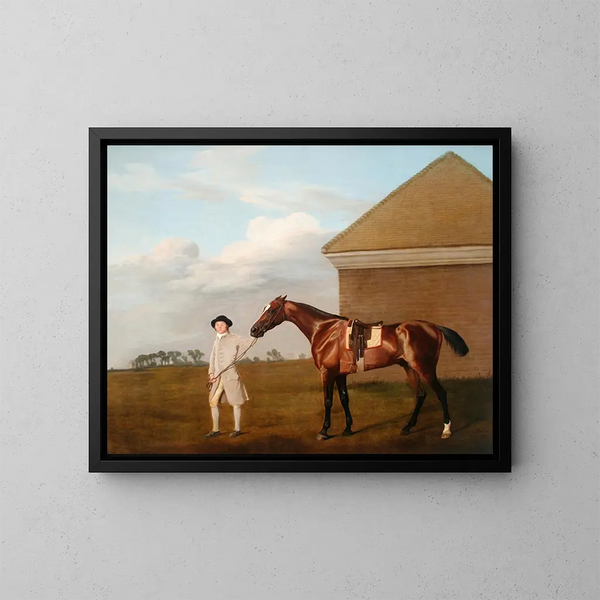 Queue de feu med sin tränare vid hunddagiset på Newmarket Heath - George Stubbs — inramlat konstverk på väggen