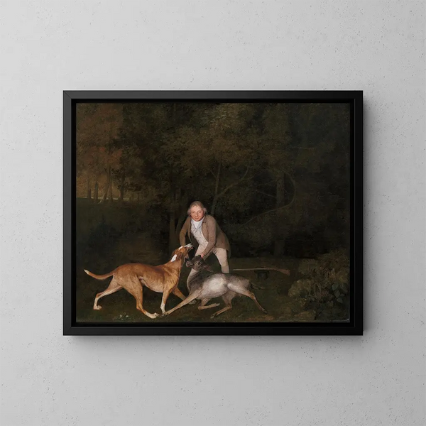 Le garde-chasse de l'earl de Clarendon avec une biche mourante et un chien - George Stubbs — inramlat konstverk på väggen