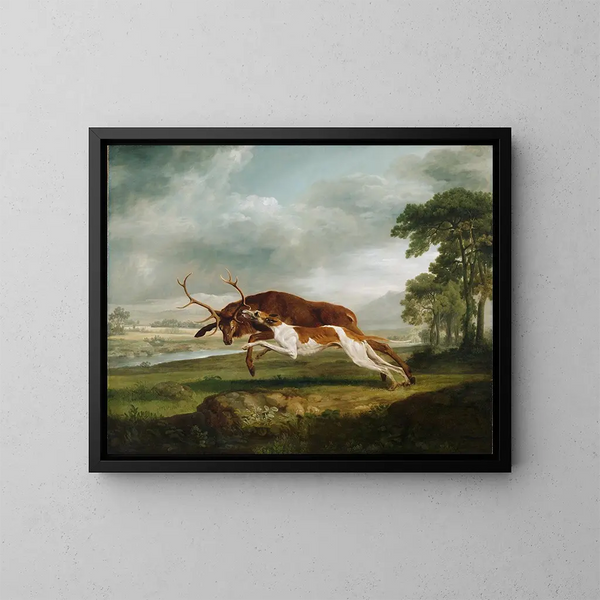 Hund som jagar ett rådjur - George Stubbs — inramlat konstverk på väggen