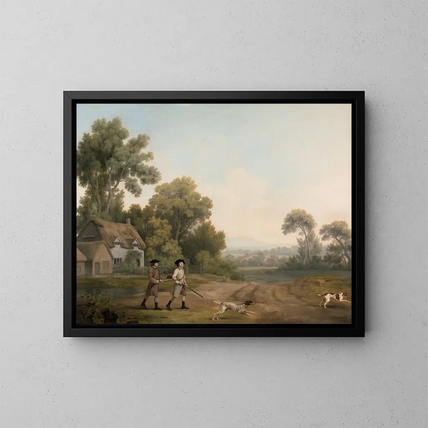 Två gentlemän som går på jakt med utsikt över Creswell Crags tagen på bar gärning - George Stubbs — inramlat konstverk på väggen
