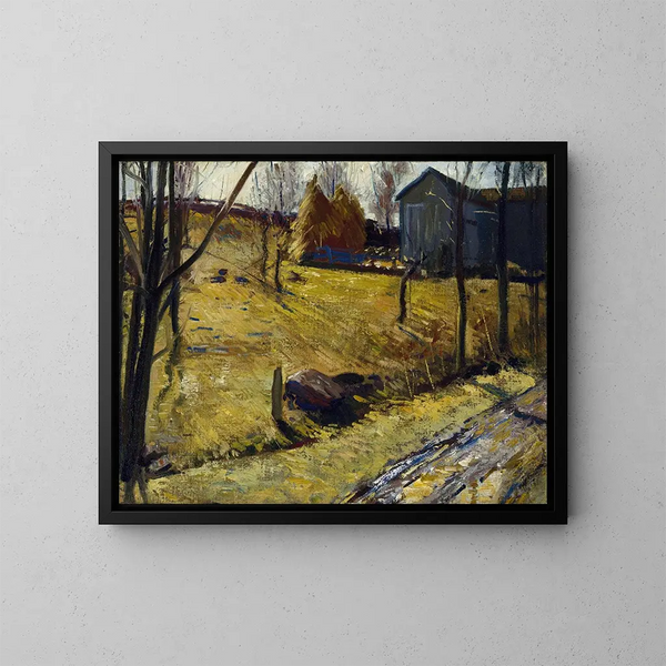 höskullar och lada - George Wesley Bellows — inramlat konstverk på väggen