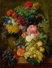 en detaljerad blomster- och fruktstillbild som vilar på en stenbänk, ett skogigt landskap i bakgrunden - Georgius Jacobus Johannes van Os — vy av konstverket