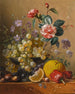 still life med en bukett av kamelia, blåklokker och druvor i en silverskål med nötter, en apelsin och röda paprika, allt på en marmorskiva - Georgius Jacobus Johannes van Os — vy av konstverket
