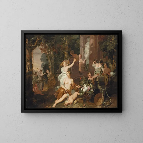 Nymf och bacchantar hyllar Flors tempel - Gerard de Lairesse — inramlat konstverk på väggen