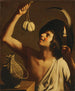 En ung man som håller ett tänd ljus och en flaska scamorza-ost bredvid sig - Gerard van Honthorst — vy av konstverket