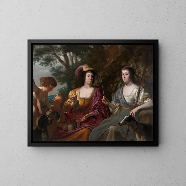 dubbelporträtt av Amalia van Solms och Charlotte de La Trmolle - Gerard van Honthorst — inramlat konstverk på väggen