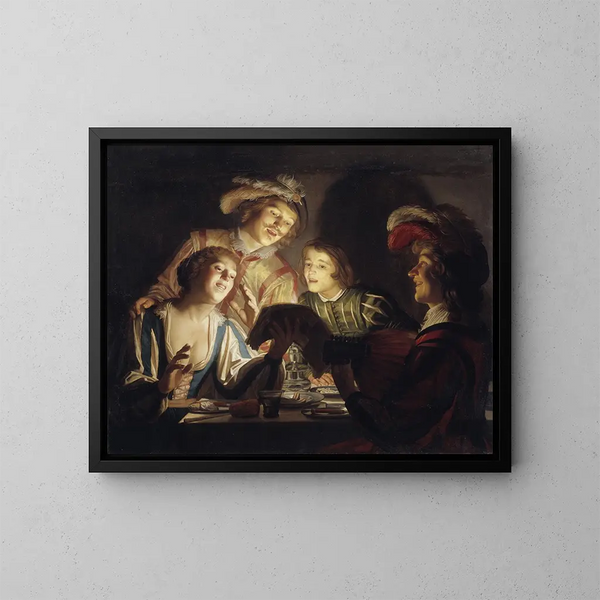 musikgrupp med ljuslykta - Gerard van Honthorst — inramlat konstverk på väggen