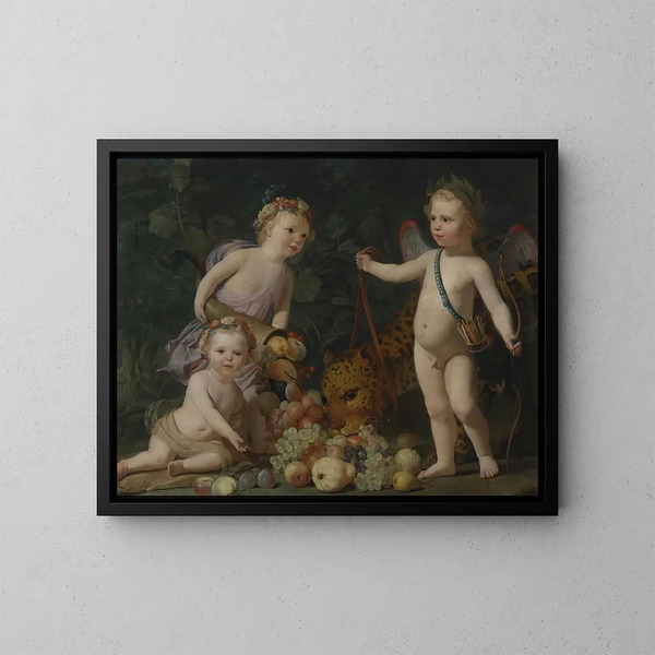 Tre barn med frukt och en jaguar - Gerard van Honthorst — inramlat konstverk på väggen