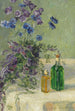 naturtavla med blå blommor och två flaskor på ett bord - Gerda Wegener — vy av konstverket