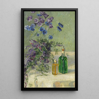 Gerda Wegener - Still life with blue flowers and two bottles on a table.webp