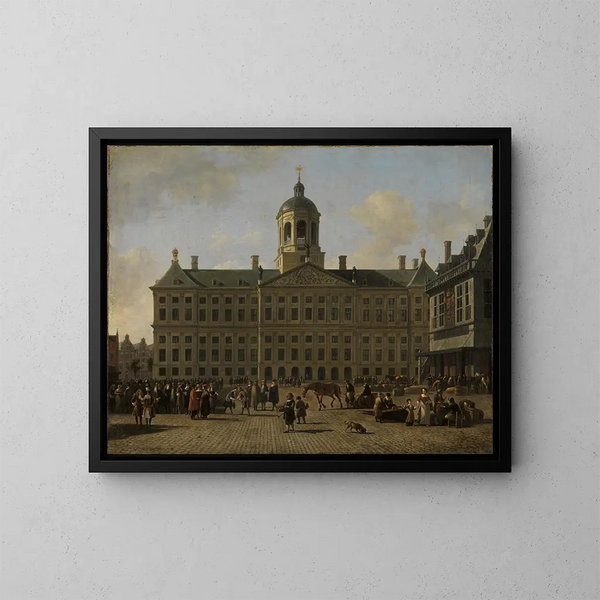 La place du Dam à Amsterdam avec l'hôtel de ville et la balance - Gerrit Adriaensz Berckheyde — inramlat konstverk på väggen