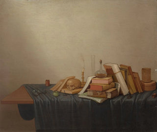 Gerrit van Vucht - A Vanitas with books a skull a candle and various objects on a table.webp