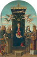 Målning La Vierge à l'Enfant en majesté avec les saints Michel, Bernardin de Sienne, Claire et Étienne - Gian Giacomo d'Alladio — vy av konstverket