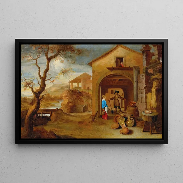 Gillis Peeters the Elder - A peasant couple conversing in a farmyard.webp